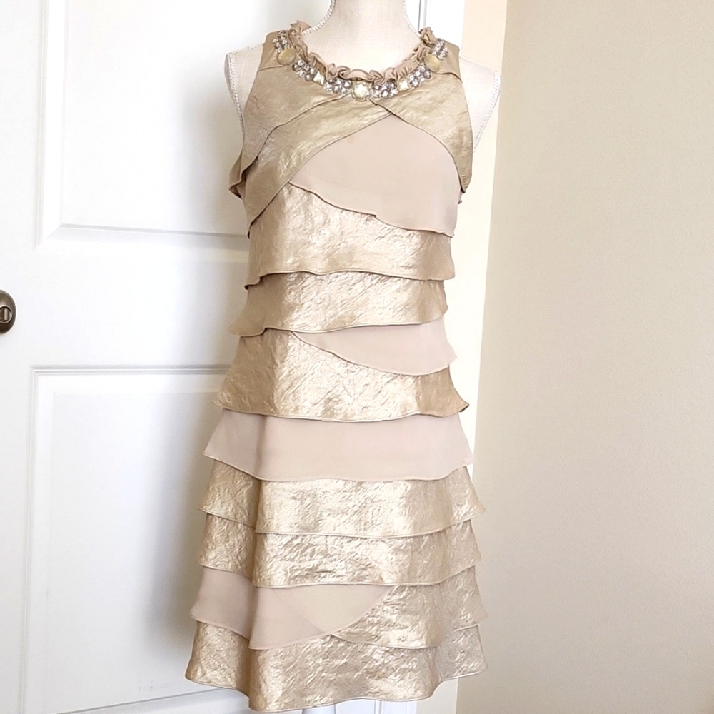 Dressbarn Beige Tiered Party Dress w Jewel Beaded Neck Line Sz 8
